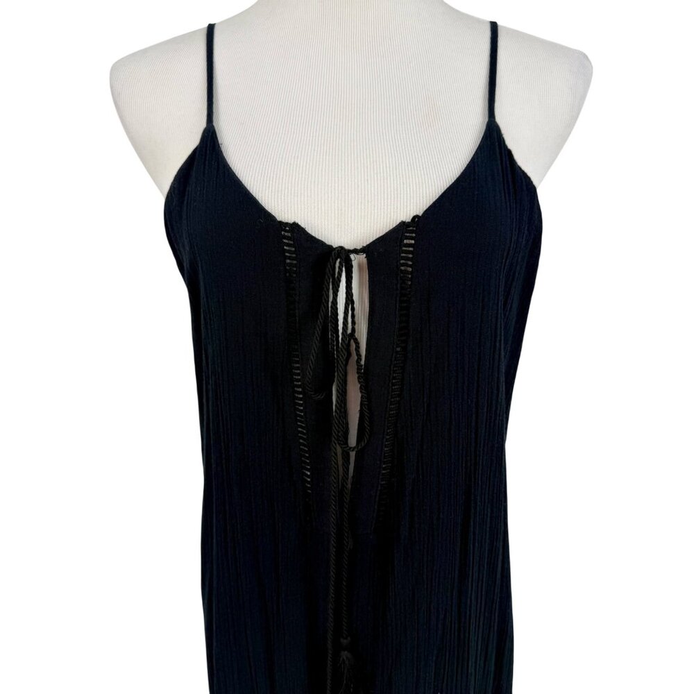 Tobi Black Lace Crochet Trim Gauzy Plunging Strappy Back Casual Boho Maxi Dress - Picture 4 of 16